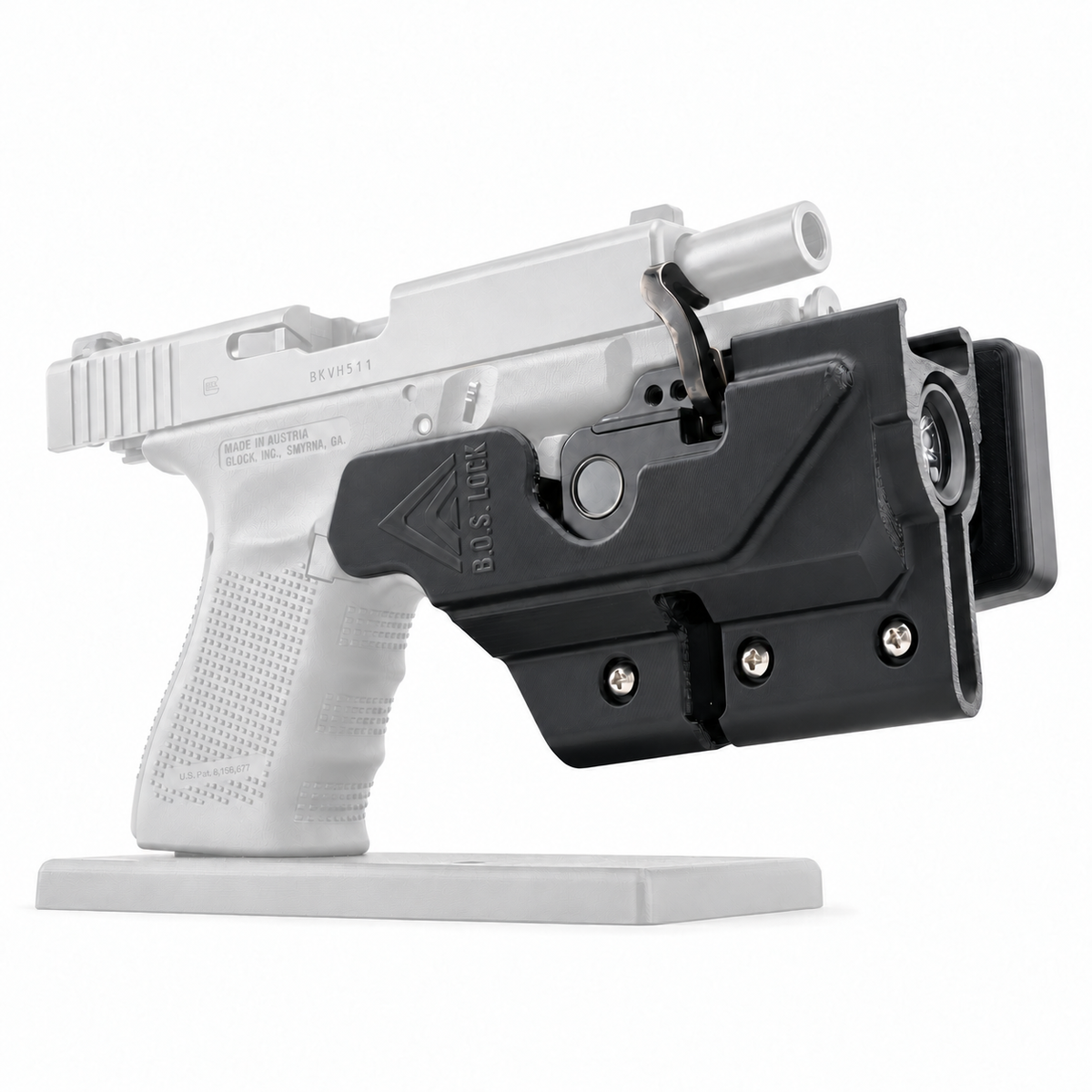 Fusion Home Bundle with firearm and photographic display stand shown in pale grey. Handgun and stand are not included.
