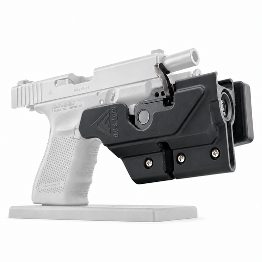 Fusion Home Bundle with firearm and photographic display stand shown in pale grey. Handgun and stand are not included.