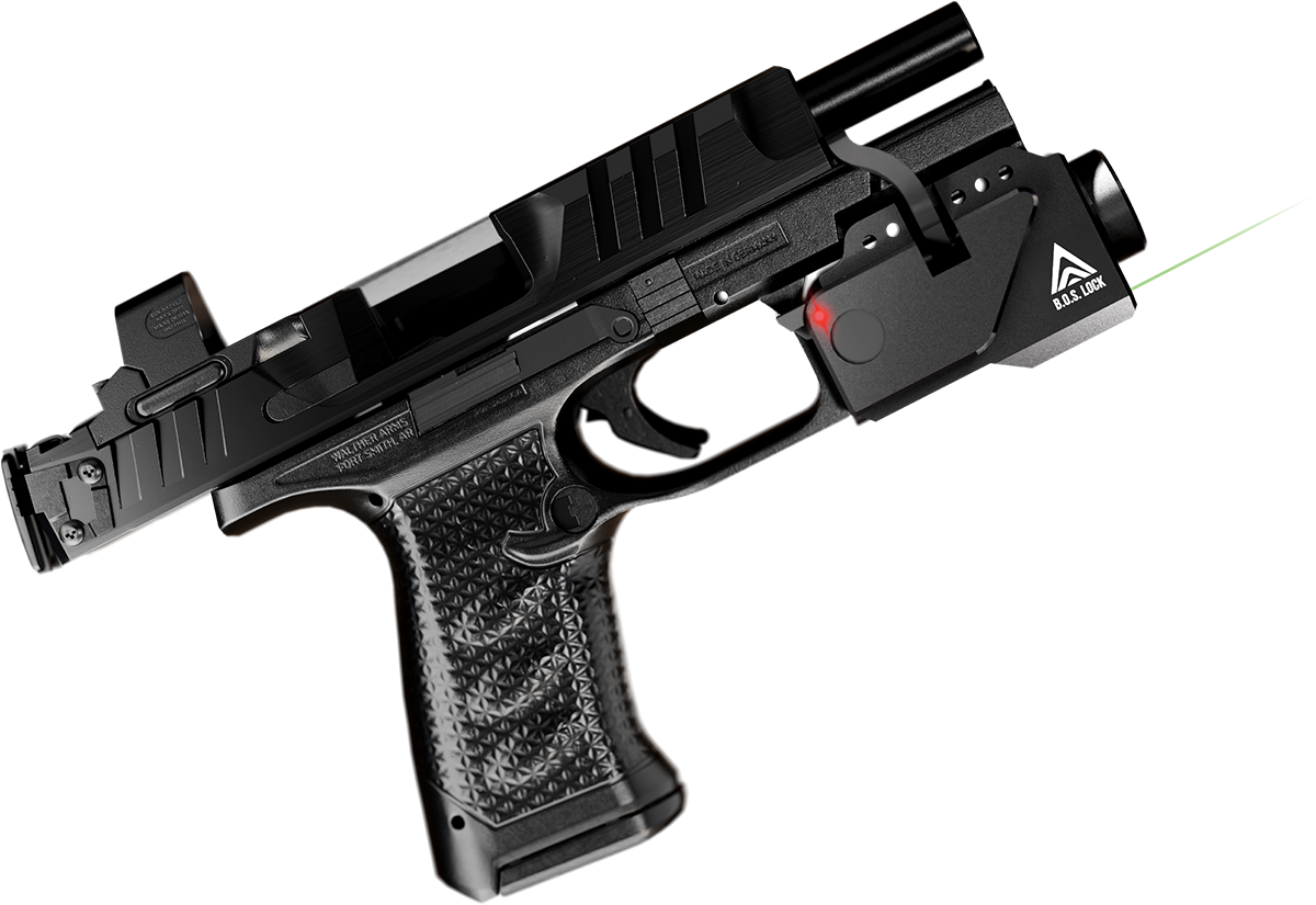 B.O.S. Lock Fusion installed on a handgun with integrated light and green laser demonstrated